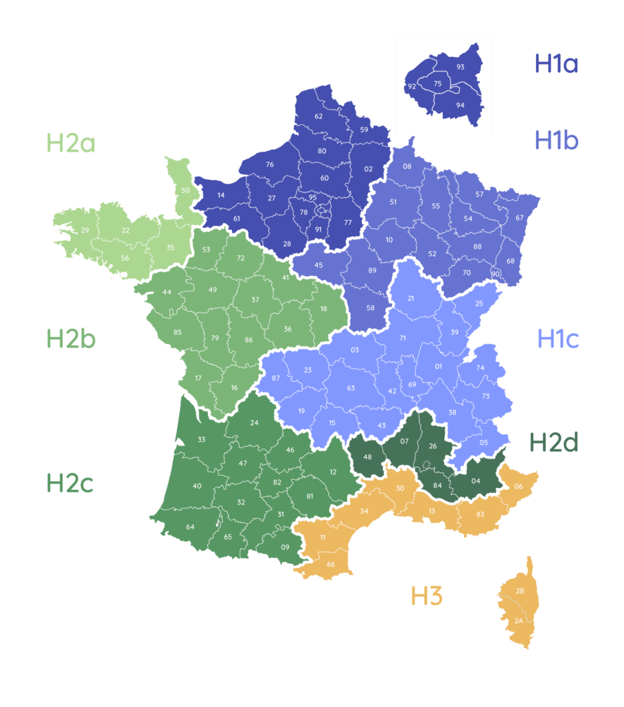 Présentation des 8 différentes zones climatiques en France (H1a, H1b, H1c, H2a, H2b, H2c, H2d et H3)